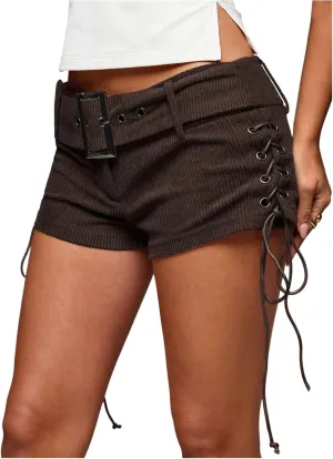 MakeMeChic Women's PU Leather Lace Up Ruched Tie Side Micro Shorts Low Waist Belted Skinny Fit Mini Short