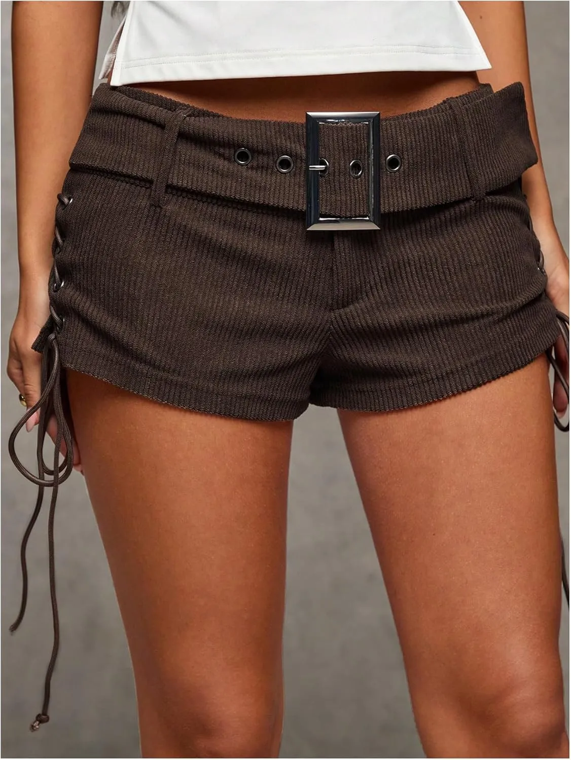 MakeMeChic Women's PU Leather Lace Up Ruched Tie Side Micro Shorts Low Waist Belted Skinny Fit Mini Short