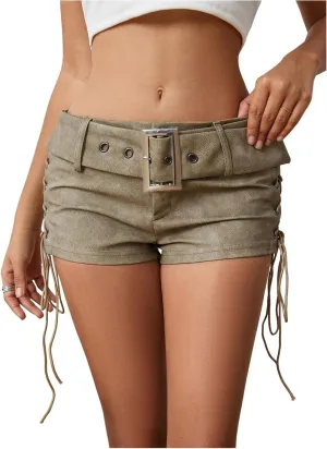 MakeMeChic Women's PU Leather Lace Up Ruched Tie Side Micro Shorts Low Waist Belted Skinny Fit Mini Short