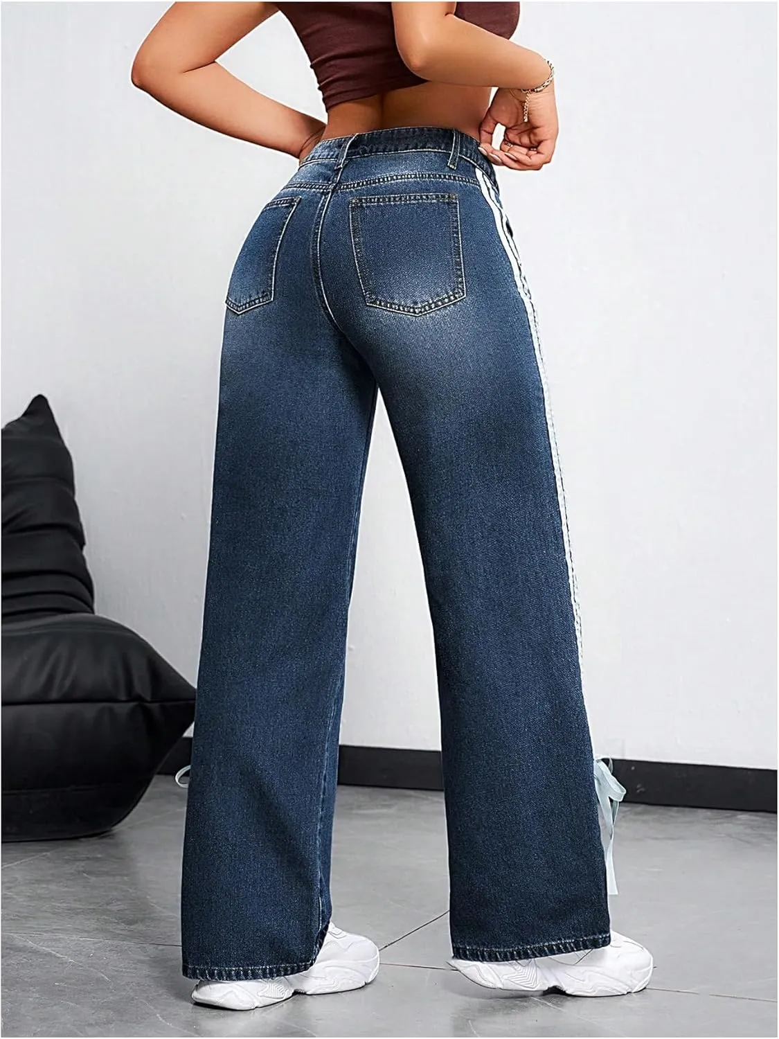 MakeMeChic Women's Straight Wide Leg Denim Pants Striped Bow Rise Jeans with Pocket Y2K Streetwear
