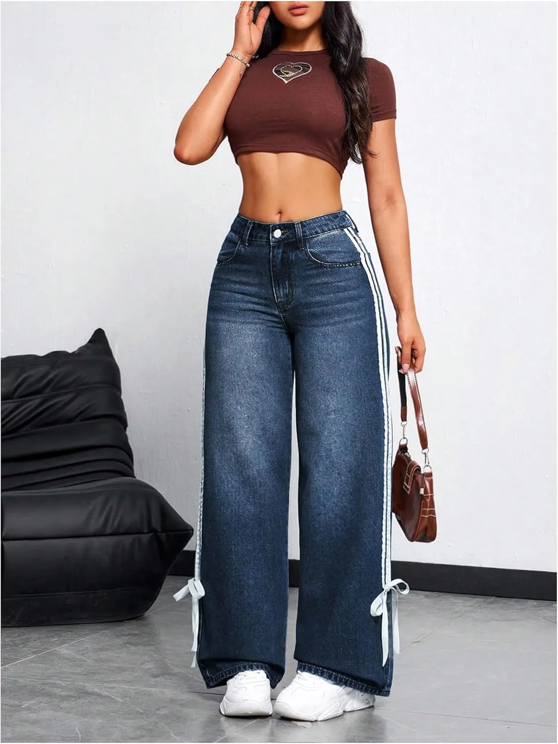 MakeMeChic Women's Straight Wide Leg Denim Pants Striped Bow Rise Jeans with Pocket Y2K Streetwear