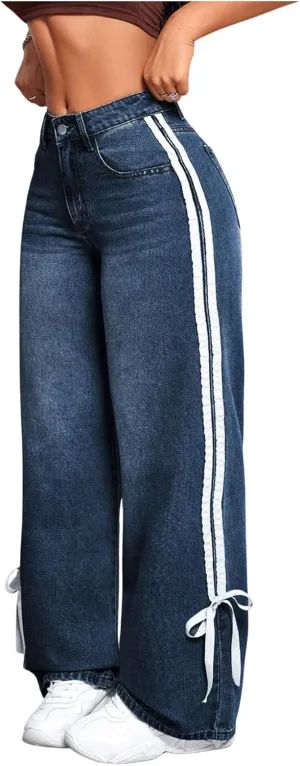 MakeMeChic Women's Straight Wide Leg Denim Pants Striped Bow Rise Jeans with Pocket Y2K Streetwear