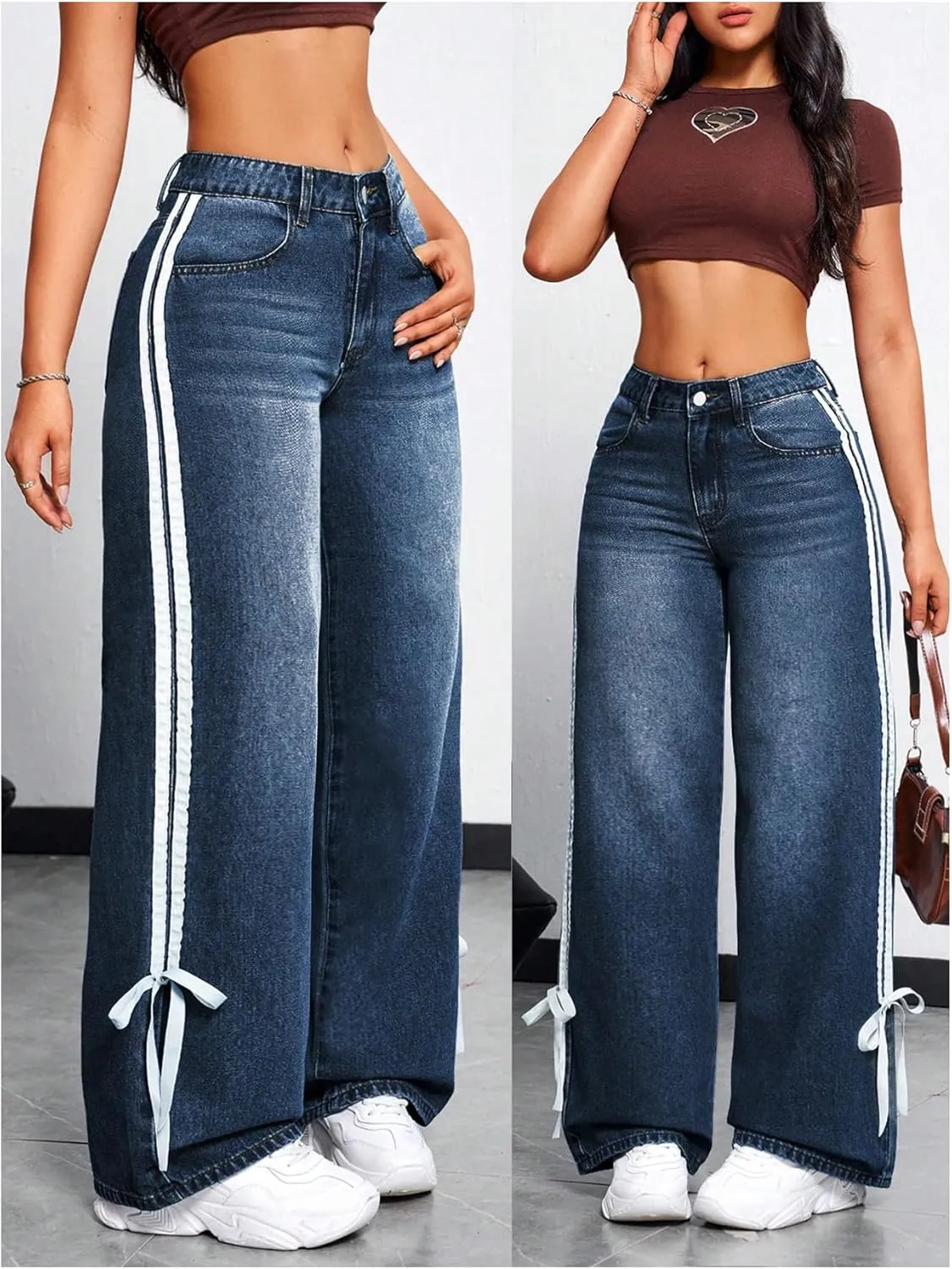 MakeMeChic Women's Straight Wide Leg Denim Pants Striped Bow Rise Jeans with Pocket Y2K Streetwear