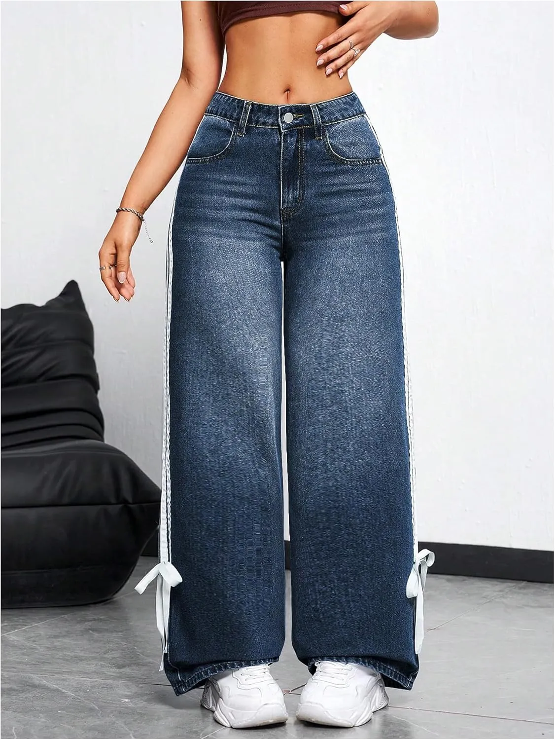 MakeMeChic Women's Straight Wide Leg Denim Pants Striped Bow Rise Jeans with Pocket Y2K Streetwear