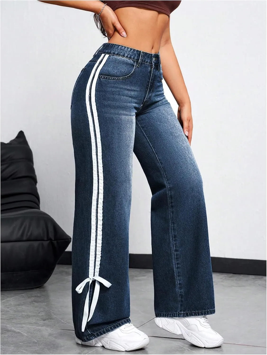 MakeMeChic Women's Straight Wide Leg Denim Pants Striped Bow Rise Jeans with Pocket Y2K Streetwear