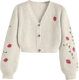 MakeMeChic Women's Strawberry Embroidery Lantern Sleeve V Neck Button Down Cardigan Knit Tops
