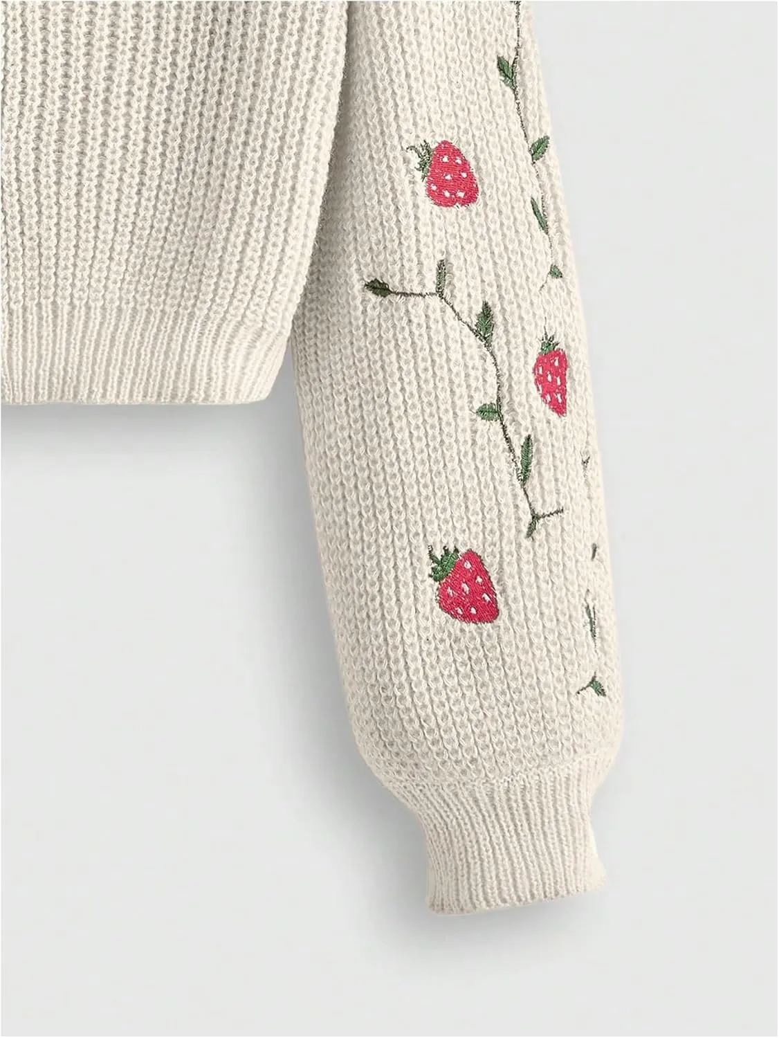 MakeMeChic Women's Strawberry Embroidery Lantern Sleeve V Neck Button Down Cardigan Knit Tops