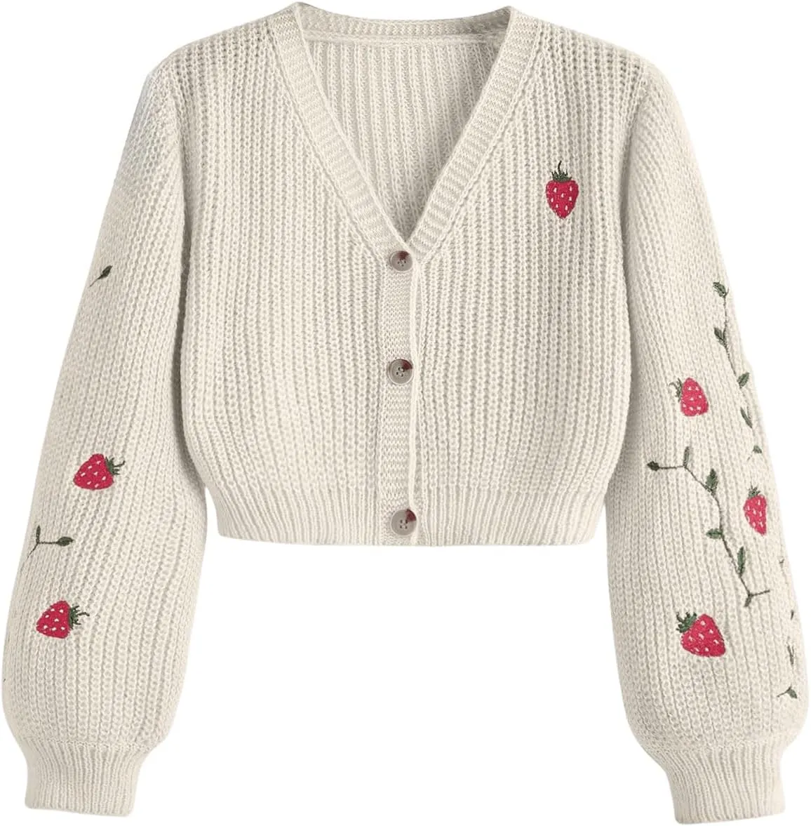 MakeMeChic Women's Strawberry Embroidery Lantern Sleeve V Neck Button Down Cardigan Knit Tops