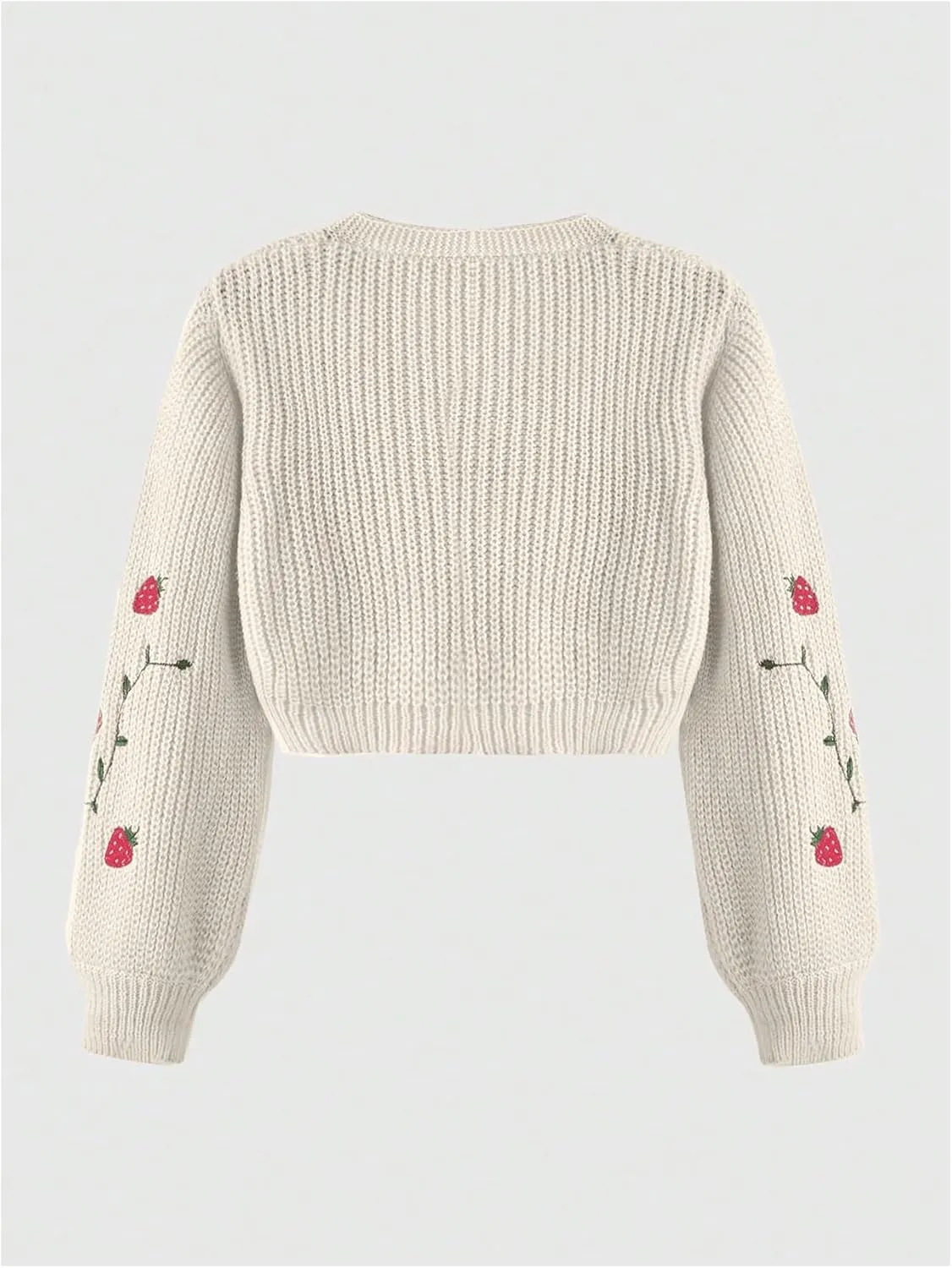 MakeMeChic Women's Strawberry Embroidery Lantern Sleeve V Neck Button Down Cardigan Knit Tops