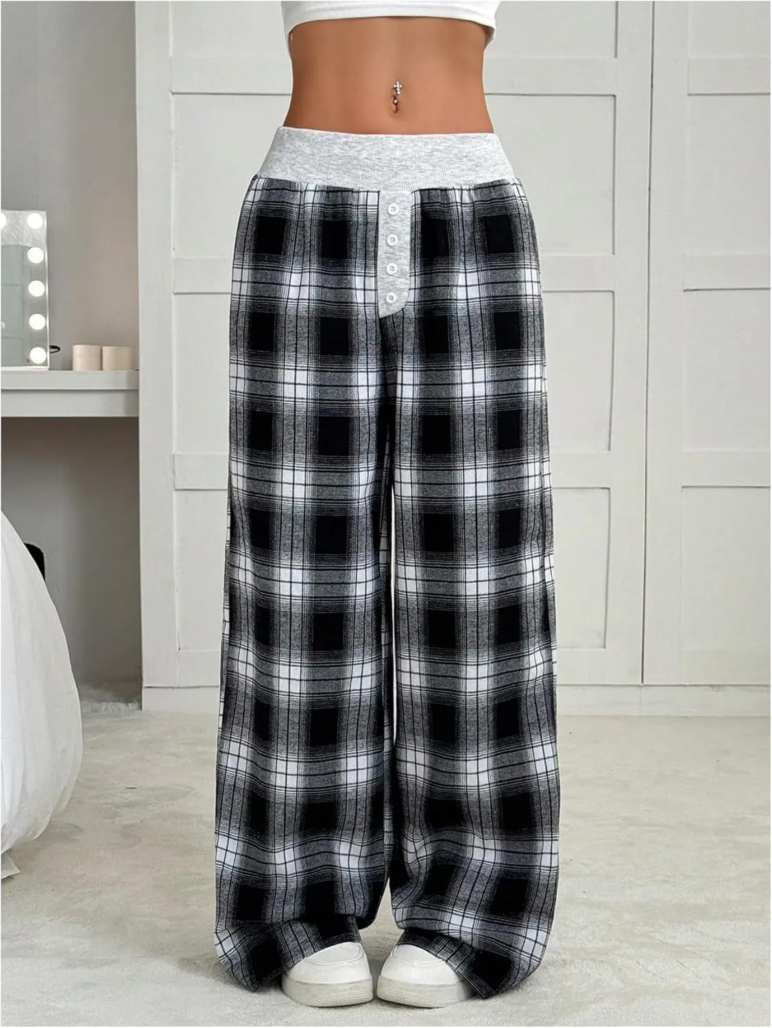 MakeMeChic Women's Y2K Striped Pants Low Rise Elastic Waist Loose Wide Leg Lounge Pant