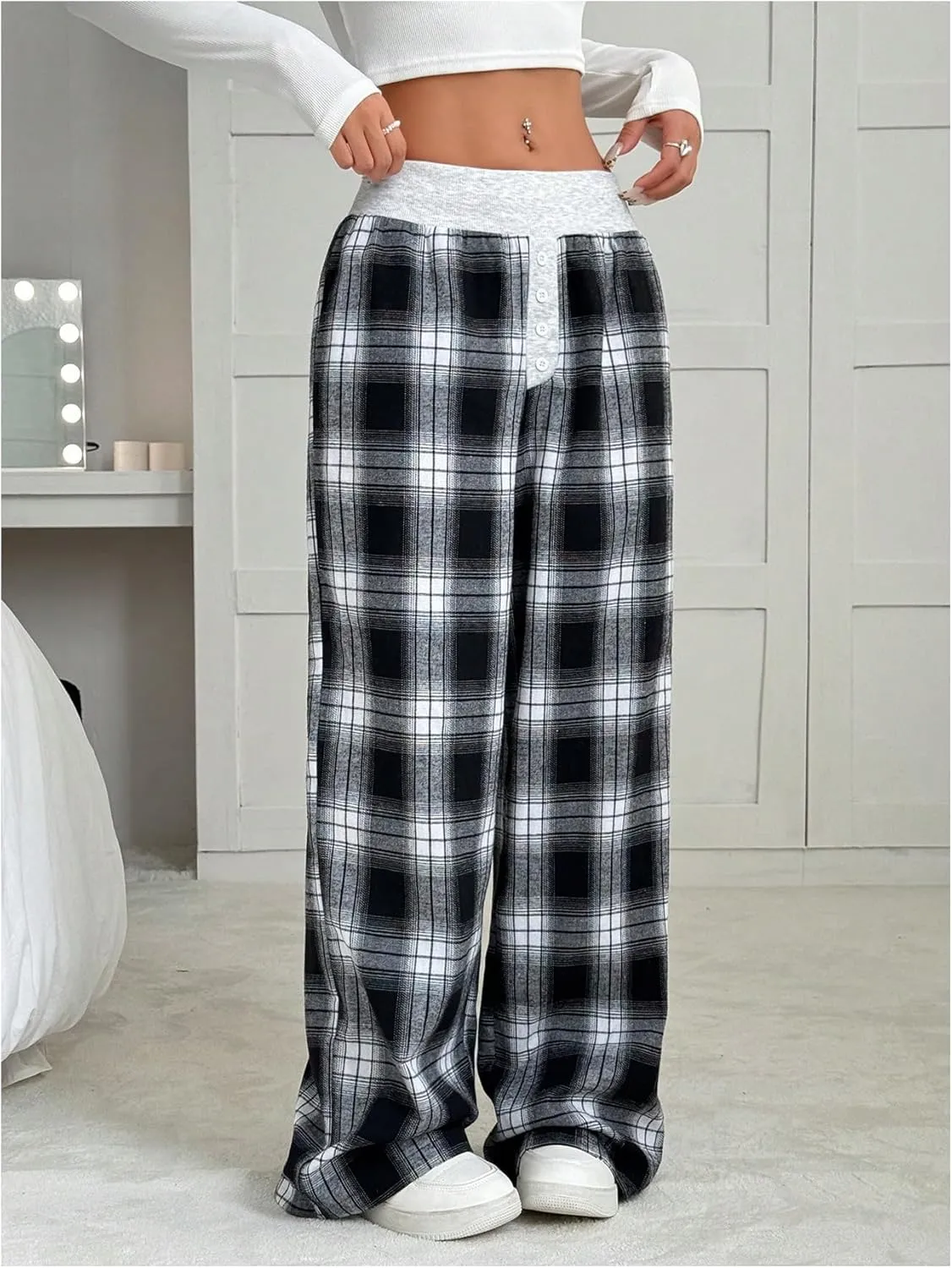 MakeMeChic Women's Y2K Striped Pants Low Rise Elastic Waist Loose Wide Leg Lounge Pant
