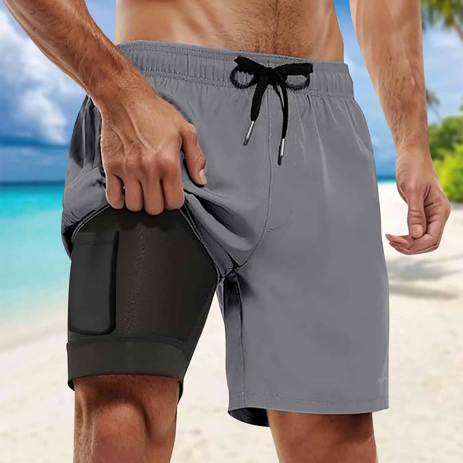 Men Cargo Pants Casual Linen Stretch Waist Pant Beach Sweatpant Joggers Fitness Running Workout Sweat