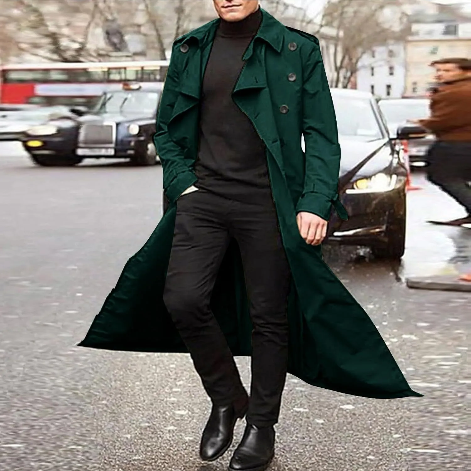 Men Double Breasted Long Trench Coat Oversized Casual Notch Lapel Windbreaker Business Jacket Trendy Twill Overcoat