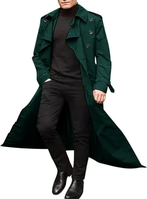 Men Double Breasted Long Trench Coat Oversized Casual Notch Lapel Windbreaker Business Jacket Trendy Twill Overcoat
