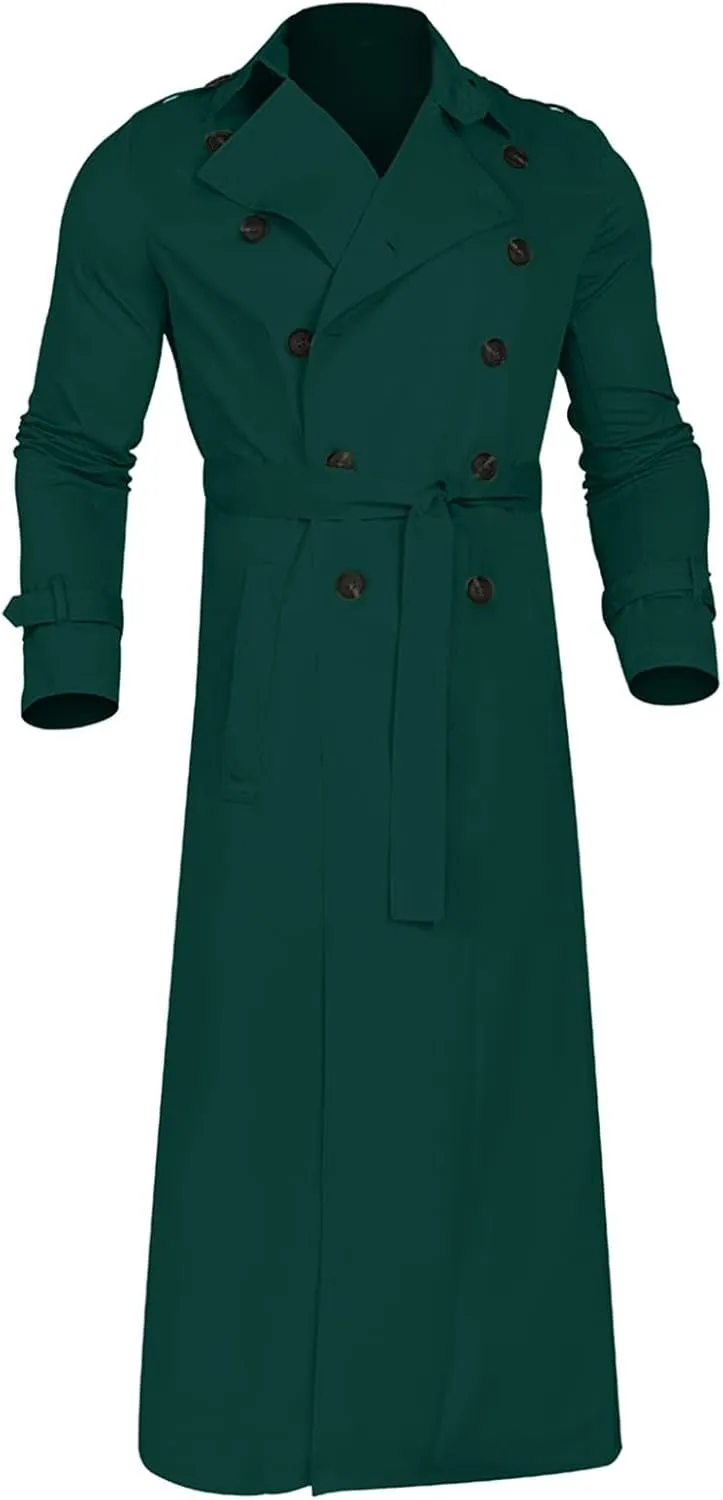 Men Double Breasted Long Trench Coat Oversized Casual Notch Lapel Windbreaker Business Jacket Trendy Twill Overcoat