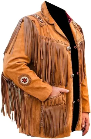 Men's 100% Handmade Cowboy Western Suede Leather Jacket Coat with Fringe Native American Beads