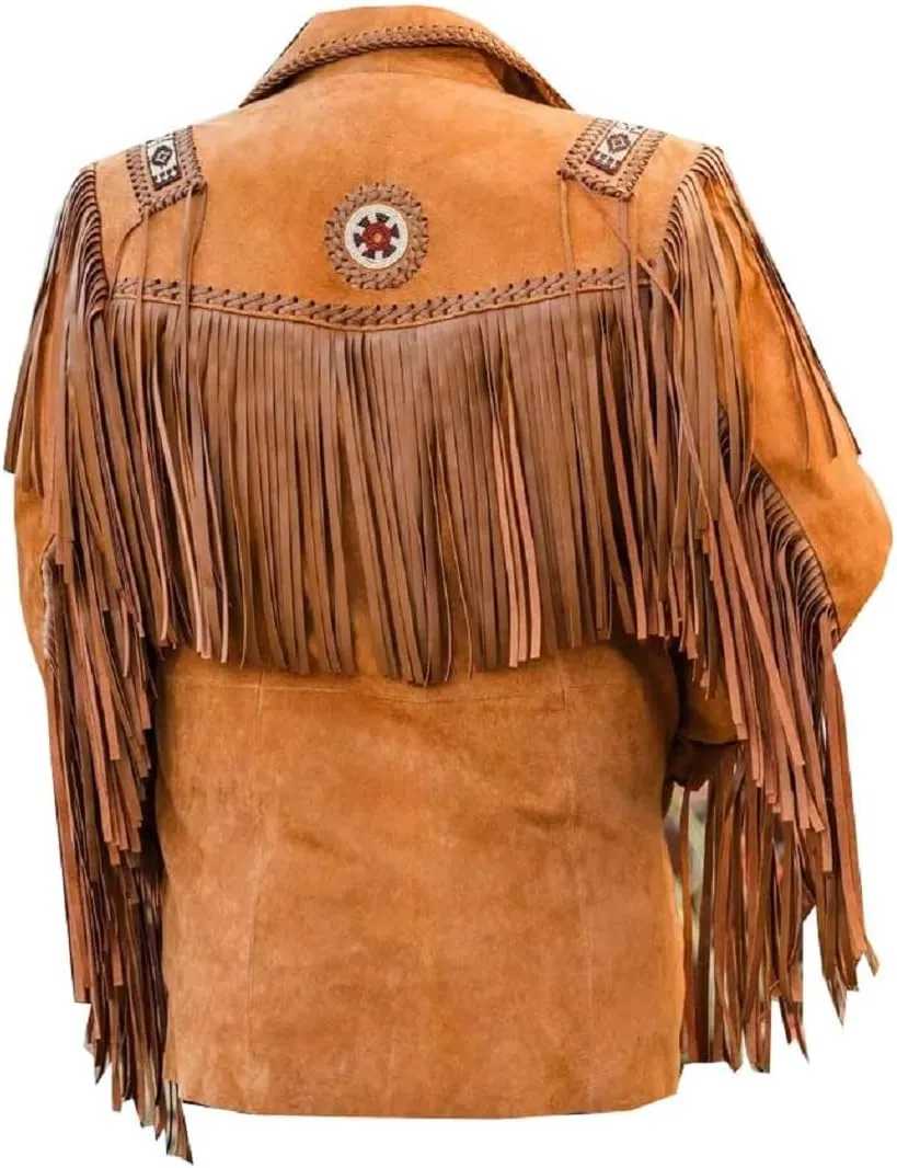 Men's 100% Handmade Cowboy Western Suede Leather Jacket Coat with Fringe Native American Beads