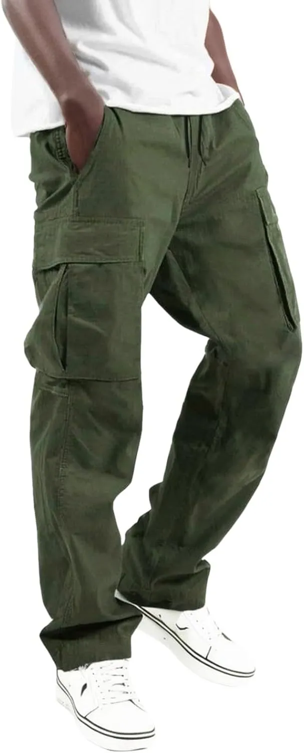 Mens Casual Jogger Pants, Relaxed Fit Cargo Pants, Solid Drawstring Sweatpants, Hiking Outdoor Twill Sport Pants