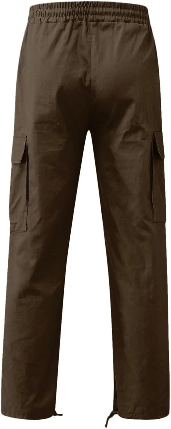 Mens Casual Jogger Pants, Relaxed Fit Cargo Pants, Solid Drawstring Sweatpants, Hiking Outdoor Twill Sport Pants