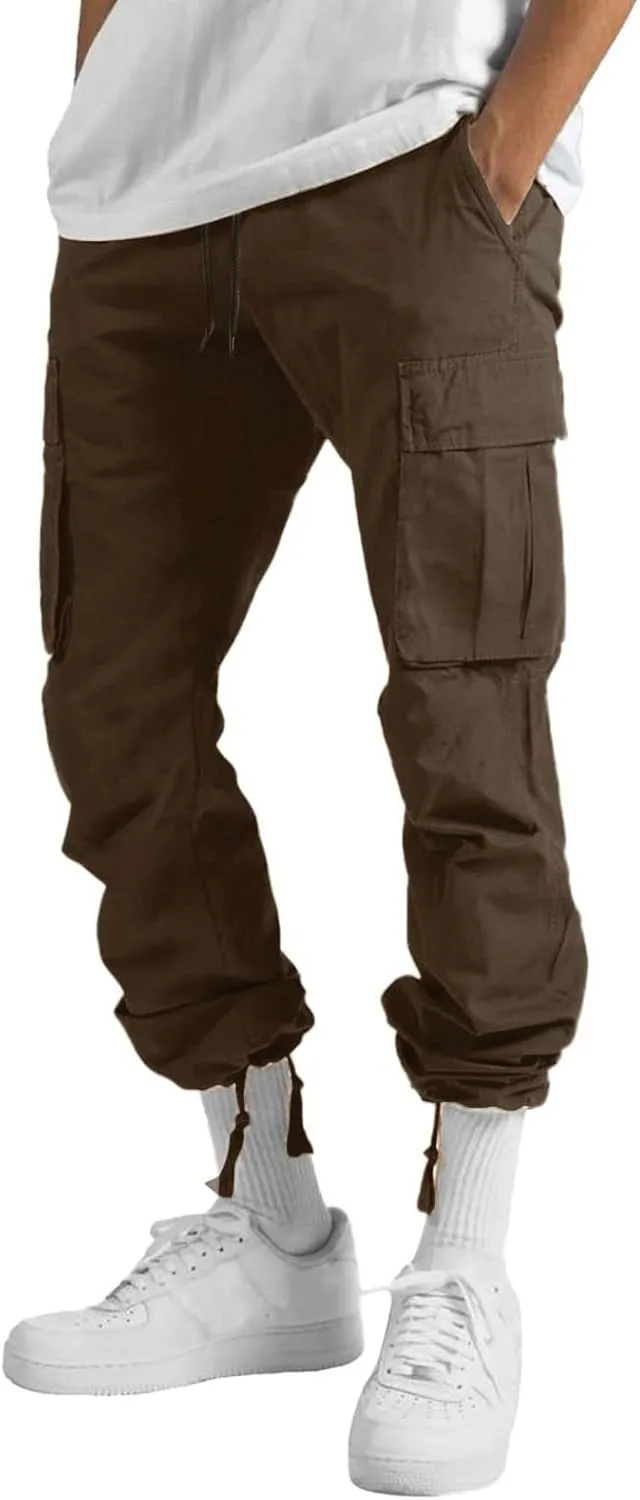 Mens Casual Jogger Pants, Relaxed Fit Cargo Pants, Solid Drawstring Sweatpants, Hiking Outdoor Twill Sport Pants