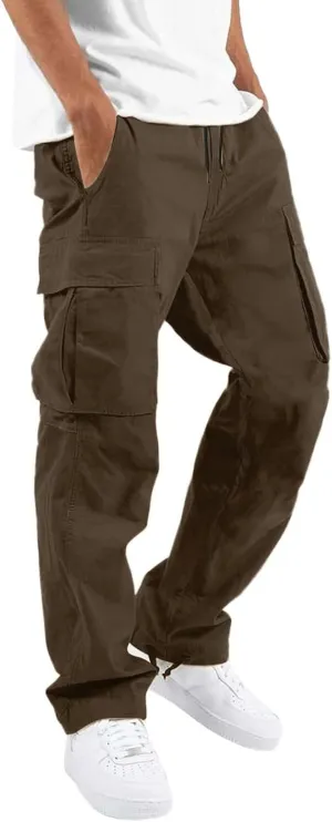 Mens Casual Jogger Pants, Relaxed Fit Cargo Pants, Solid Drawstring Sweatpants, Hiking Outdoor Twill Sport Pants