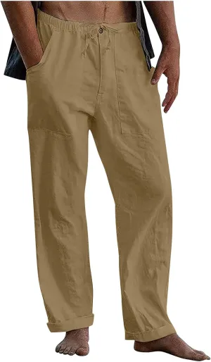 Men's Casual Loose and Comfortable Casual Pants Cotton Linen Printed Drawstring Trousers