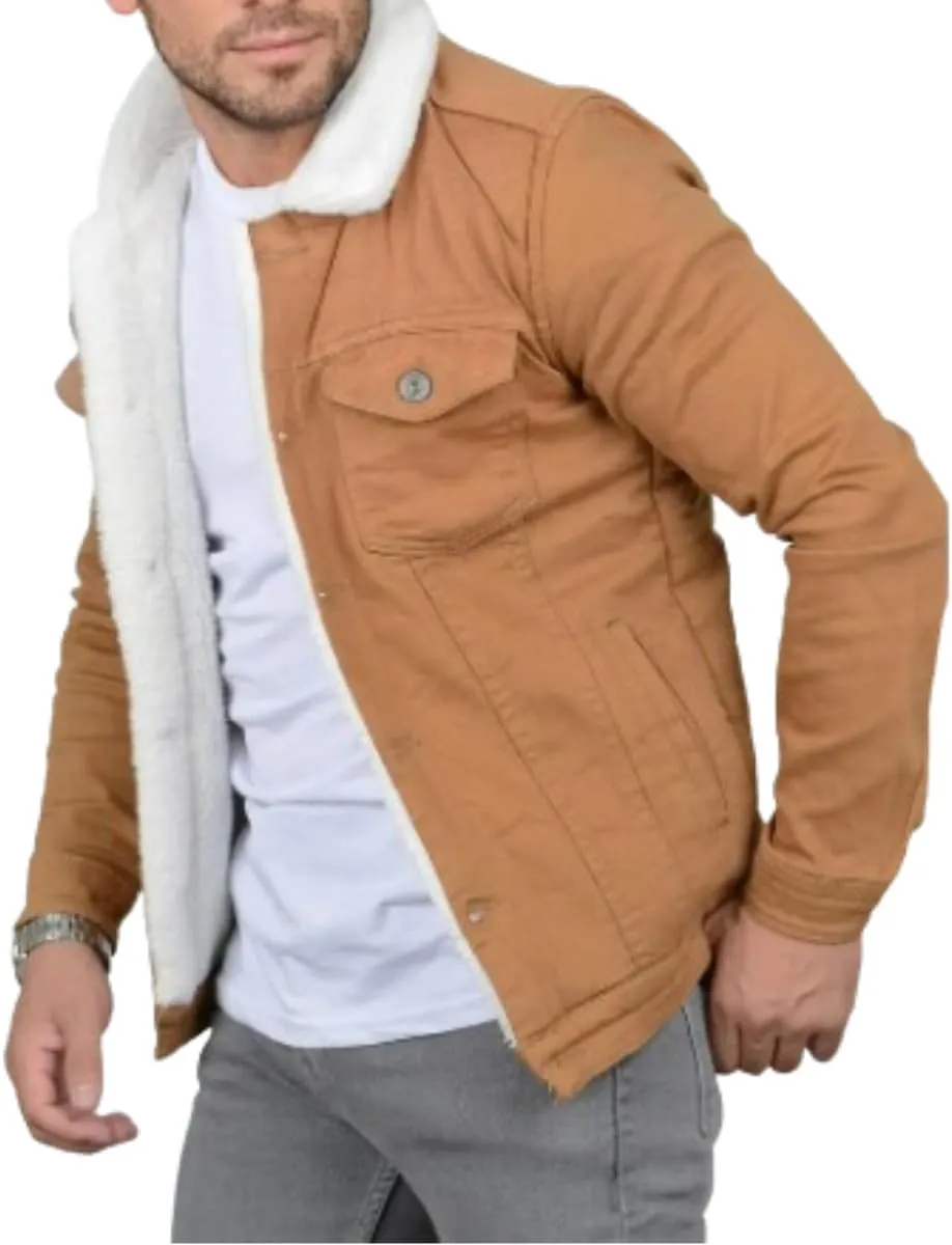 Mens Denim Jacket with Sherpa Lining, Classic Jean shearling jacket, trucker denim jacket sherpa lined
