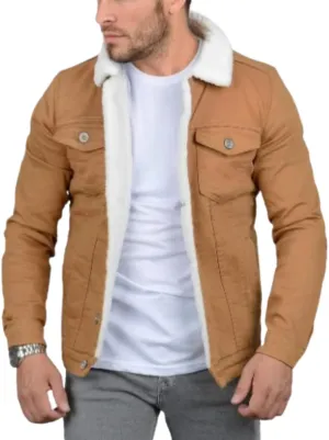 Mens Denim Jacket with Sherpa Lining, Classic Jean shearling jacket, trucker denim jacket sherpa lined