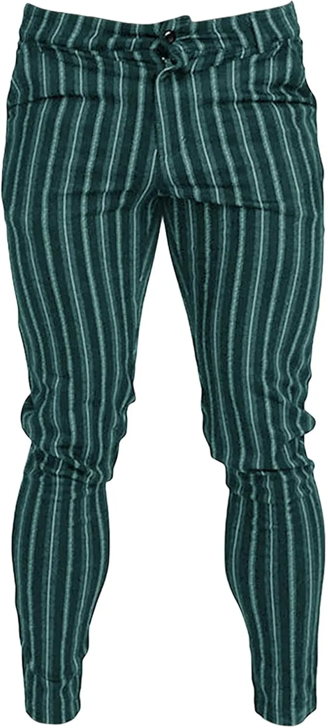 Men's Dress Striped Pants Slim Fit Flat Front Business Trousers Plaid Skinny Stretch Chino Pants Dress Pants