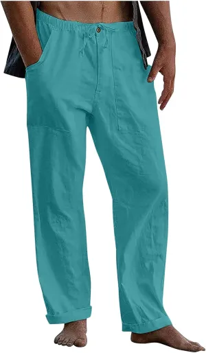 Mens Fleece Pants Sweat Pants for Man Casual Loose and Comfortable Casual Pants Cotton Linen Printed Drawstring Trousers