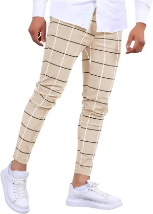 Mens Golf Pants Slim Fit Plaid Skinny Long Pants Casual Fashion Stretch Cotton Chino Pants with Pockets