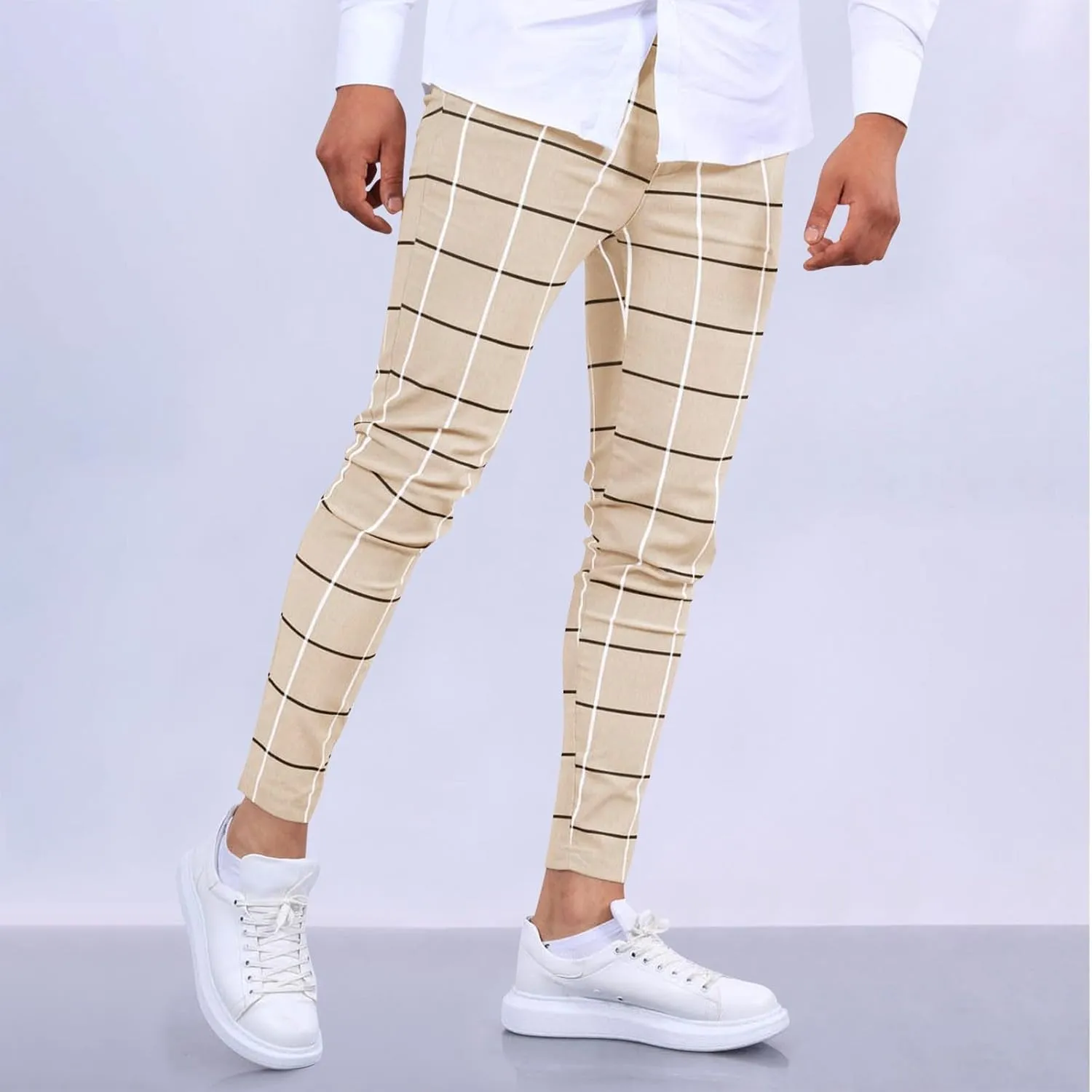 Mens Golf Pants Slim Fit Plaid Skinny Long Pants Casual Fashion Stretch Cotton Chino Pants with Pockets