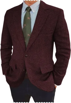 Men's Herringbone Blazer Jacket Slim Fit Notch Lapel Wool Blend Sports Coat