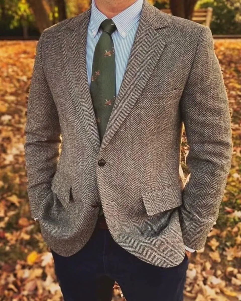Mens Herringbone Tweed Blazer Men Vintage Suit Jacket Lightweight 2 Button Business Sport Coat Jackets