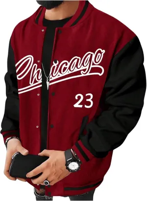 Men's Letter Print Varsity Jacket Slogan Graphic Button Down Coat Bomber Baseball Coat With Pockets