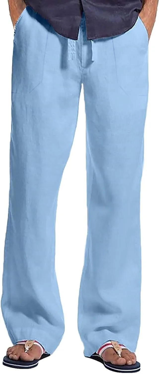 Men's Linen Casual Cargo Pants with Pockets Solid Hipster Beach Pants Breathable Outdoor Hiking Sweatpants Summer Joggers