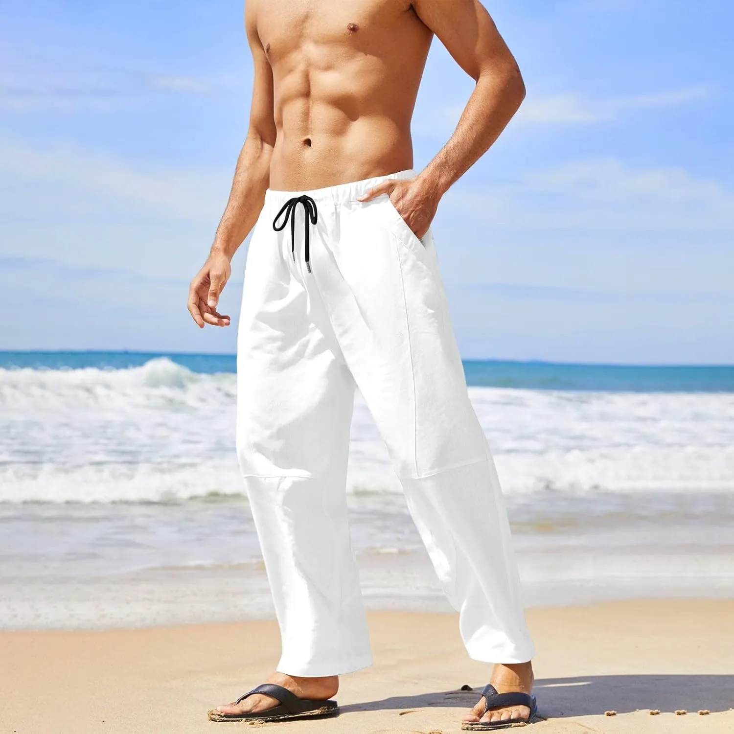 Mens Linen Pants with Pockets Casual Lightweight Breathable Summer Pant Straight Leg Drawstring Holiday Daily Sweetpants