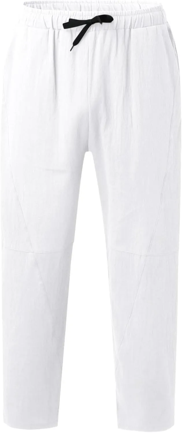 Mens Linen Pants with Pockets Casual Lightweight Breathable Summer Pant Straight Leg Drawstring Holiday Daily Sweetpants
