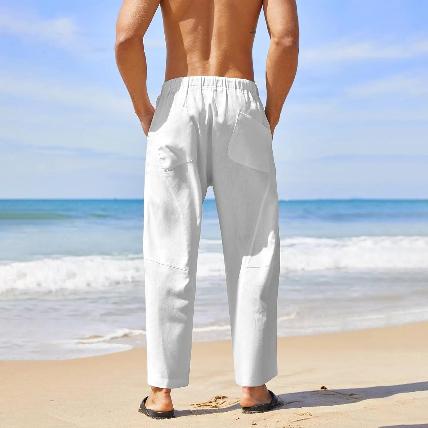 Mens Linen Pants with Pockets Casual Lightweight Breathable Summer Pant Straight Leg Drawstring Holiday Daily Sweetpants