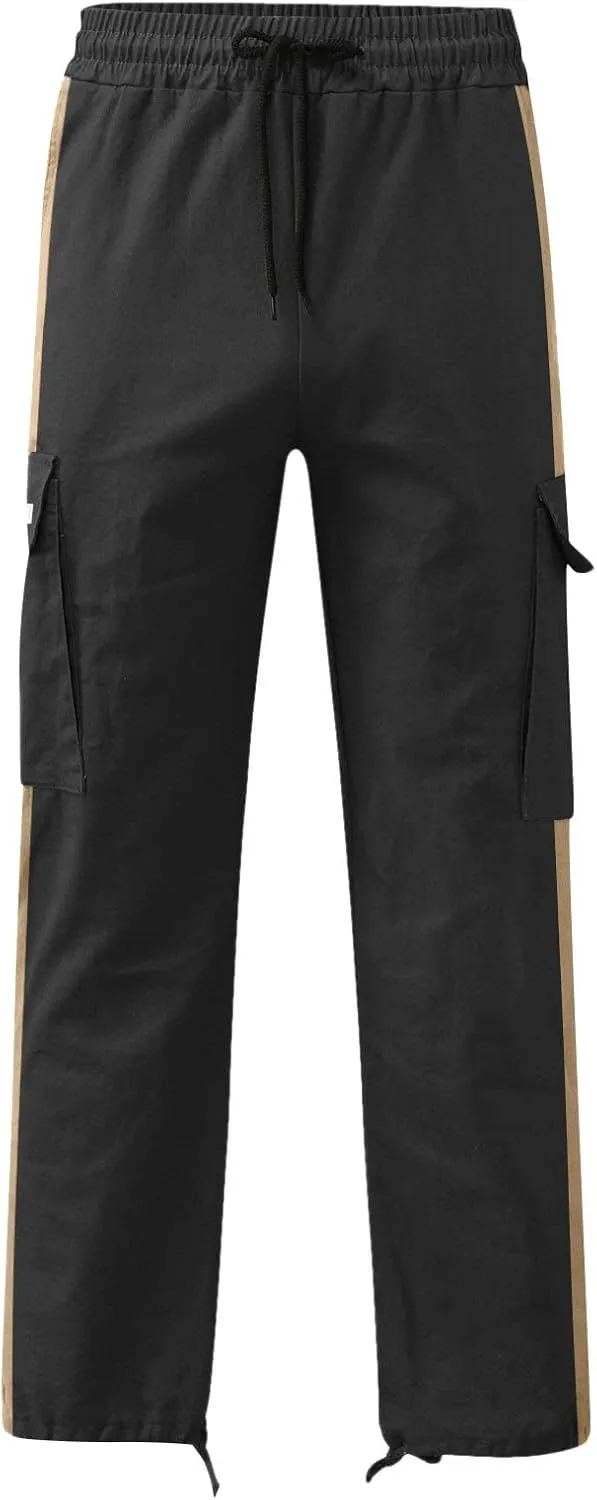 Mens Loose Cargo Pants Sports Hat Multi Woven Pocket Foot Rope Solid Pants Street Cargo Baggy Camo Tactical Trousers