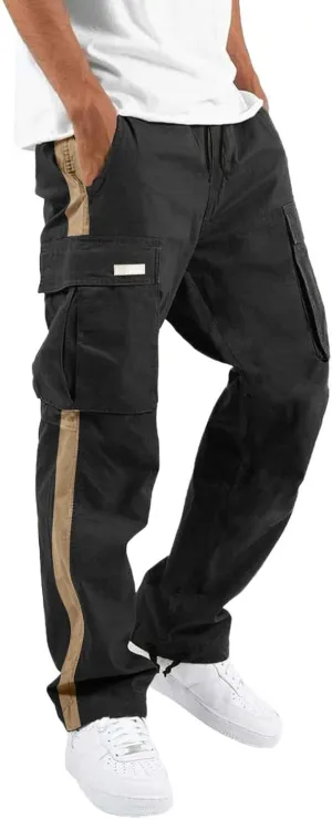 Mens Loose Cargo Pants Sports Hat Multi Woven Pocket Foot Rope Solid Pants Street Cargo Baggy Camo Tactical Trousers