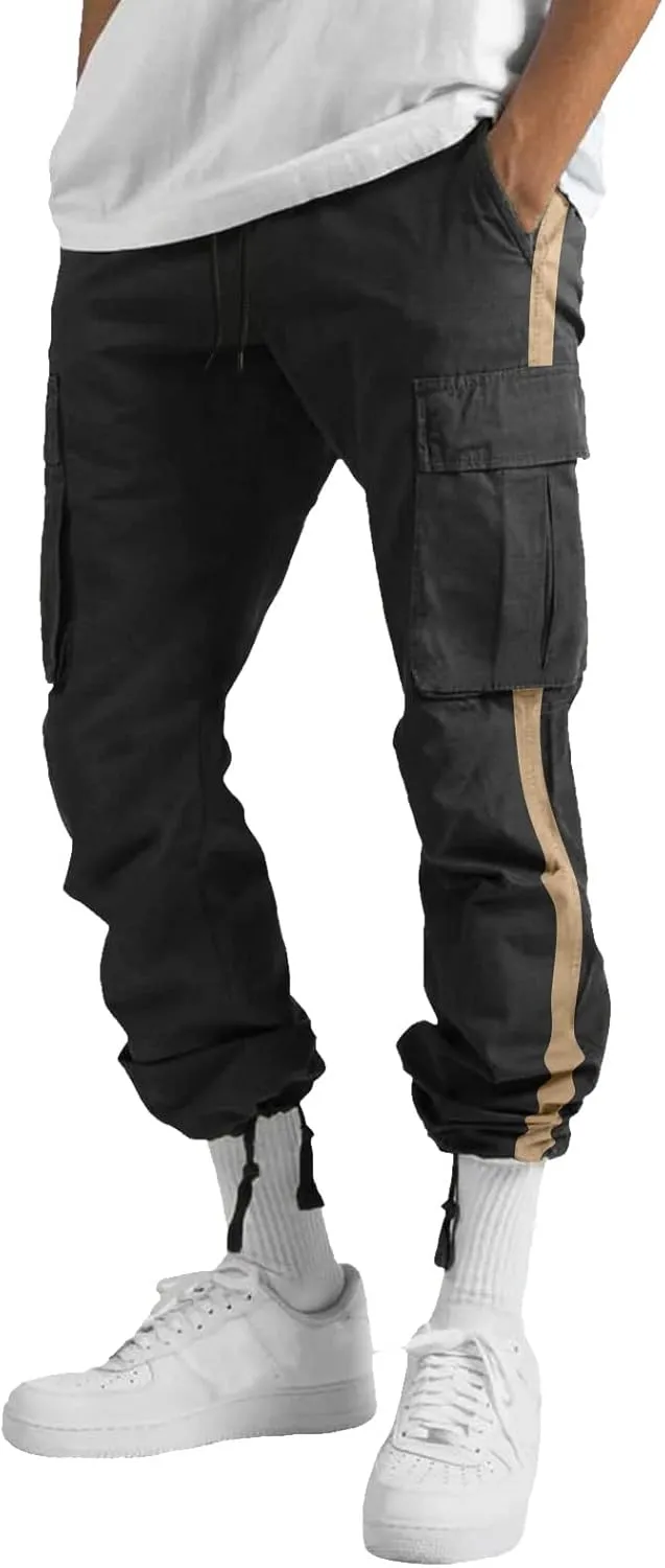 Mens Loose Cargo Pants Sports Hat Multi Woven Pocket Foot Rope Solid Pants Street Cargo Baggy Camo Tactical Trousers