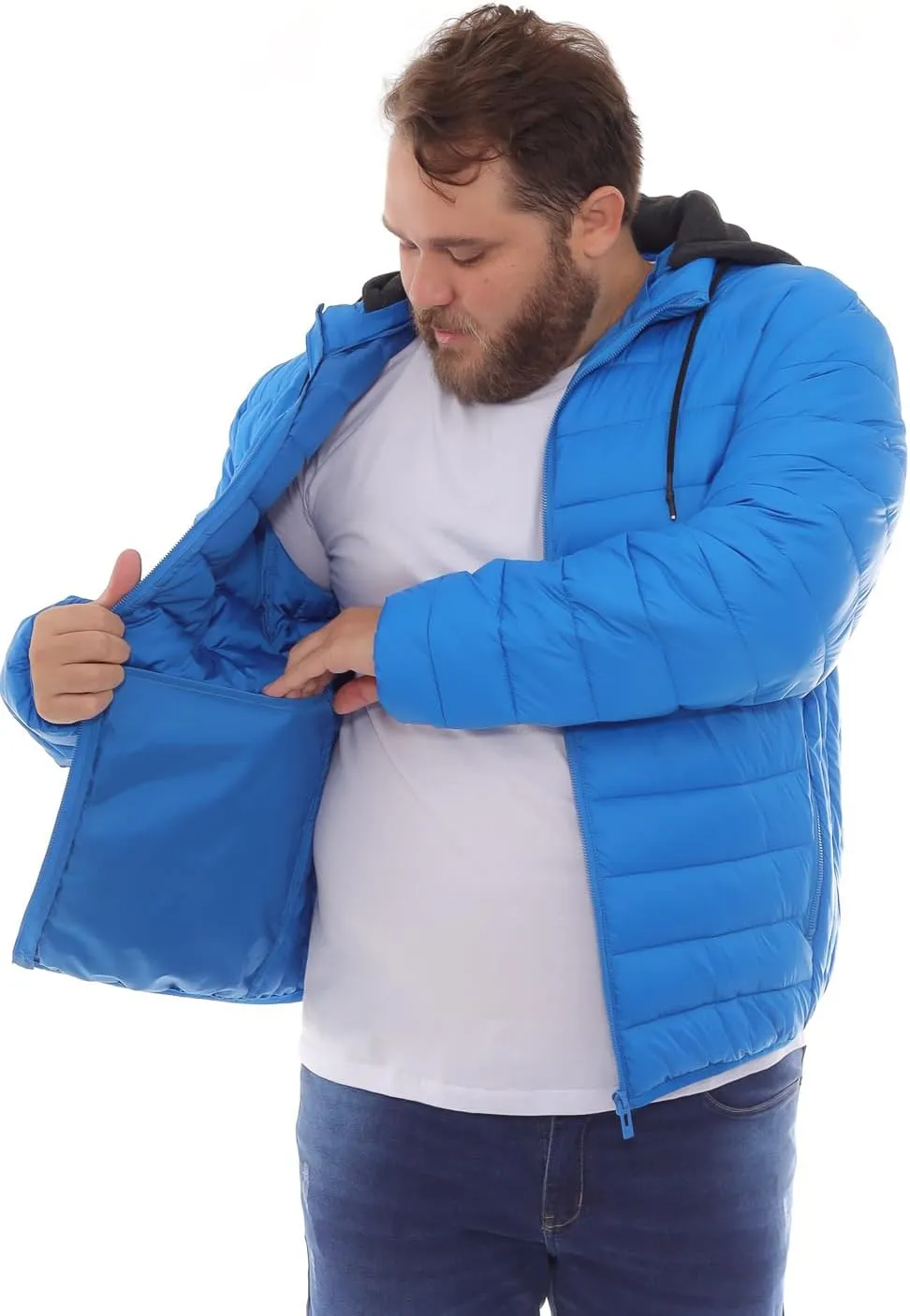 Men's Plus Size Puffer Jacket  Lightweight Hooded Insulated Winter Coat, Windproof, Zipper Down Jacket, Warm & Durable