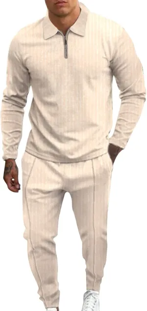 Mens Polo Set 2 Piece Outfit Long Sleeve Quarter Zip Golf Shirt and Sweatpants Sports Suit Casual Stretch Slim Fit Tracksuit