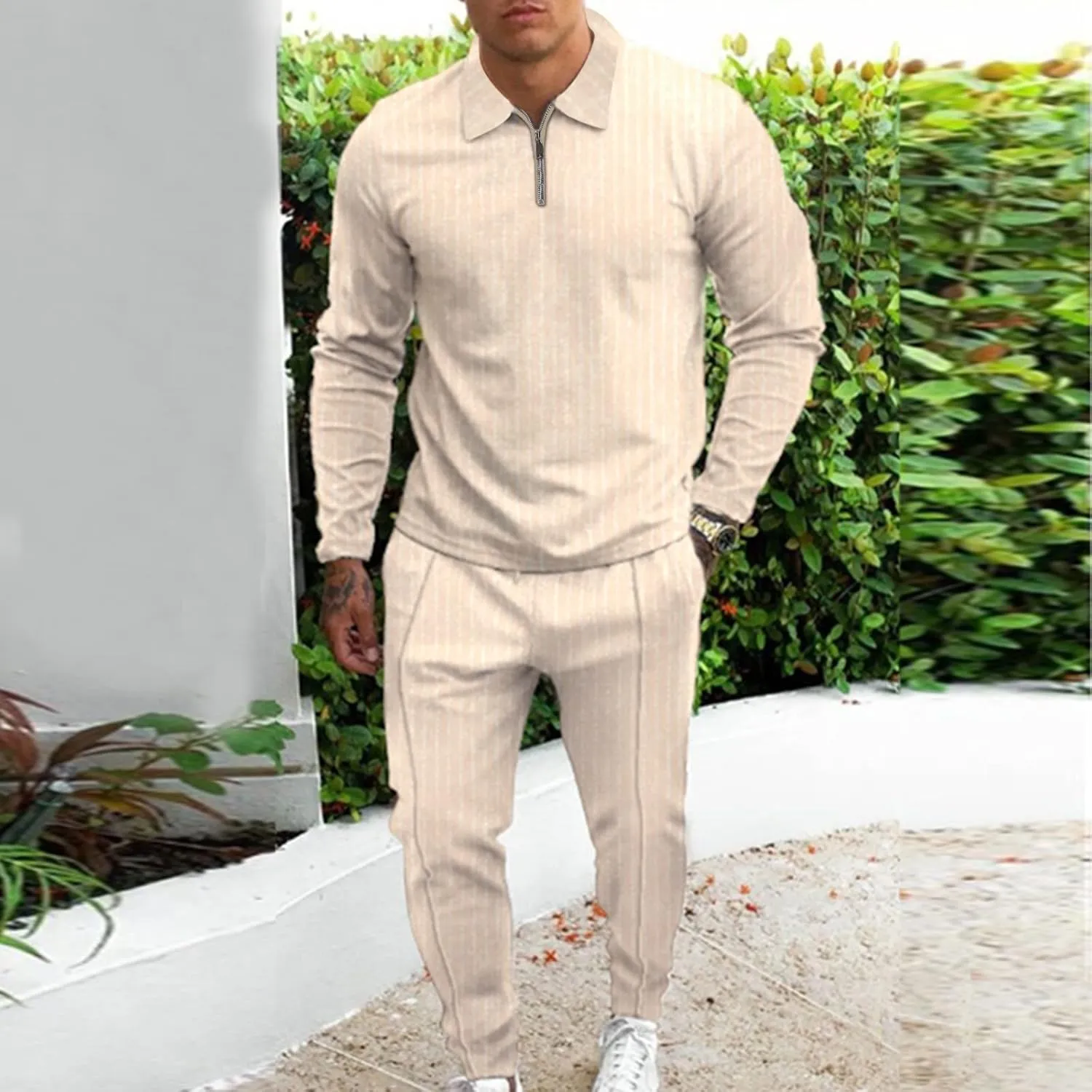 Mens Polo Set 2 Piece Outfit Long Sleeve Quarter Zip Golf Shirt and Sweatpants Sports Suit Casual Stretch Slim Fit Tracksuit