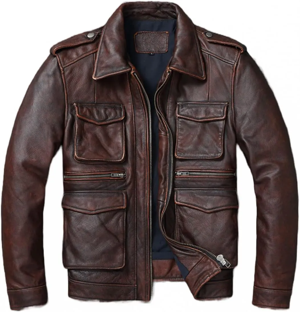 Men's Retro Slim Fit Leather Motorcycle Jacket - Genuine Cowhide, Vintage Lapel Design