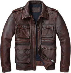 Men's Retro Slim Fit Leather Motorcycle Jacket - Genuine Cowhide, Vintage Lapel Design