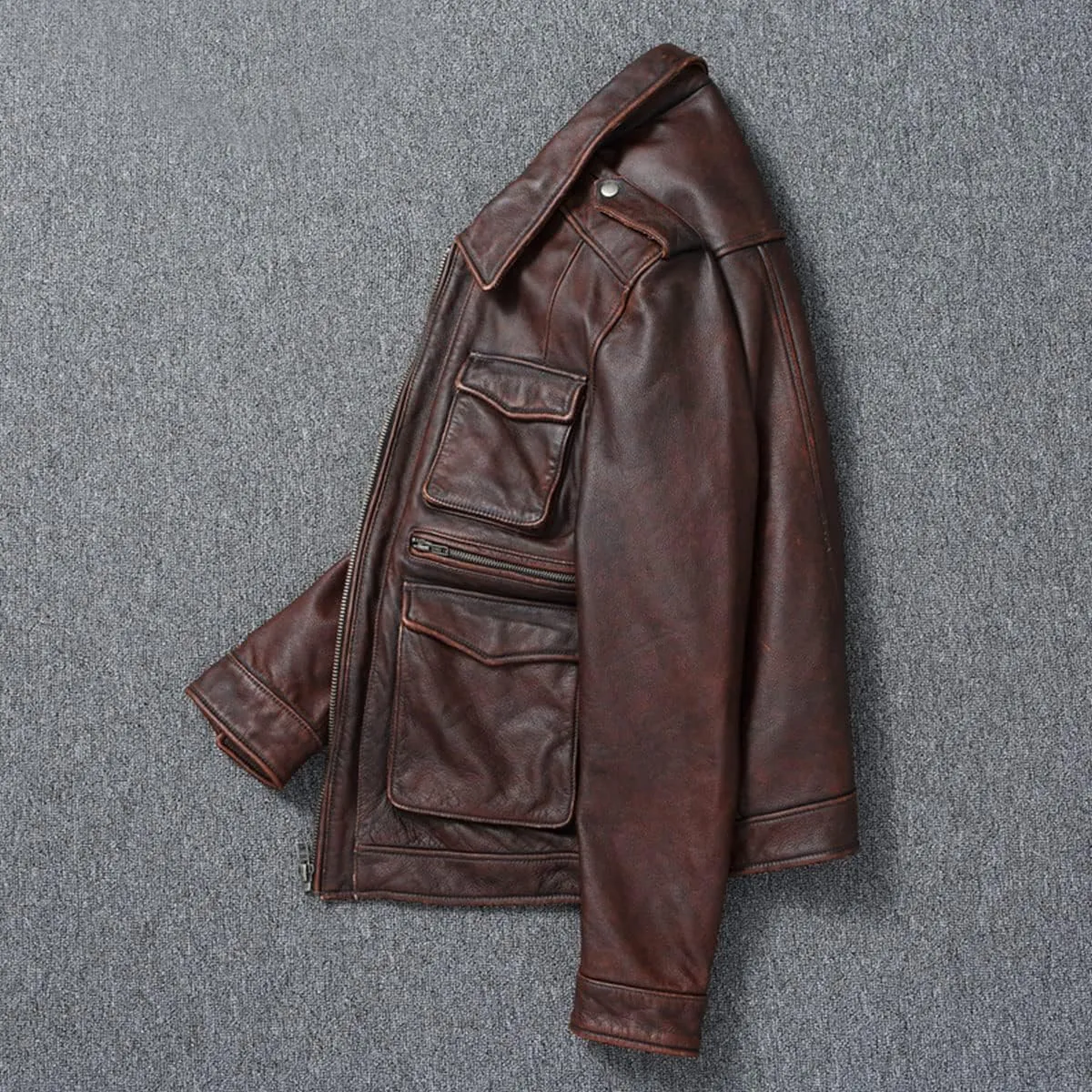 Men's Retro Slim Fit Leather Motorcycle Jacket - Genuine Cowhide, Vintage Lapel Design