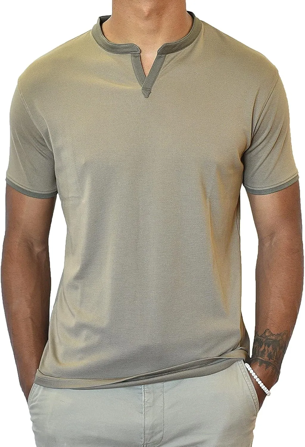 Men's Short Sleeve Soft Luxurious Rayon Blend, Breathable, Quick Dry, Henley Notch V-Neck, Banded Collar Shirt