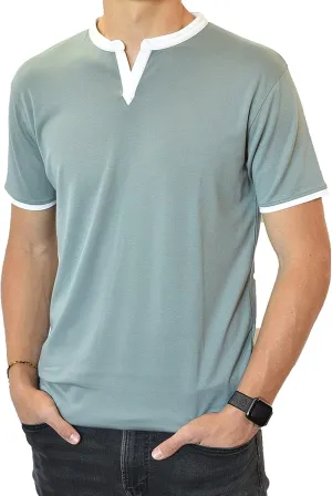 Men's Short Sleeve Soft Luxurious Rayon Blend, Breathable, Quick Dry, Henley Notch V-Neck, Banded Collar Shirt